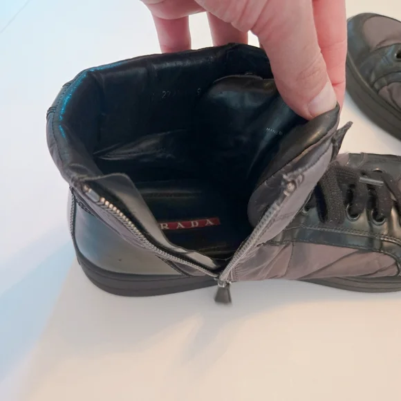 PRADA Mens High Top Nylon And Leather Red Stripe Luna Rosa Sport Style Sneaker - Picture 5 of 8